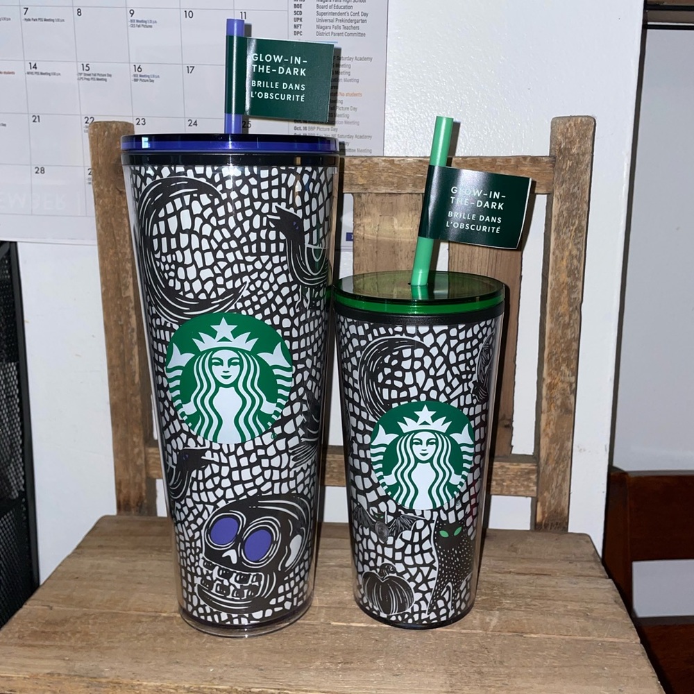 Starbucks glow in the dark Halloween Tumblers Skull pumpkin bat set